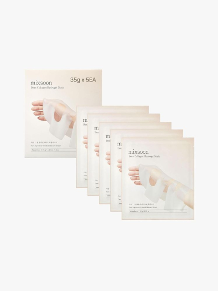 Mixsoon Bean Collagen Hydrogel Face Mask in branded components on a light gray background