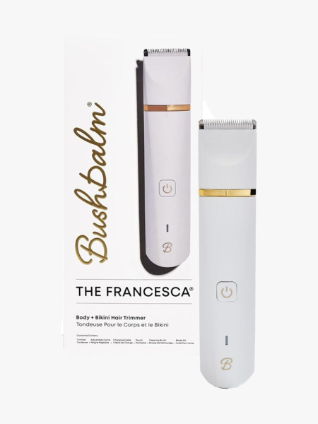 Bushbalm The Francesca Body + Bikini Trimmer white bikini trimmer and box on light gray background