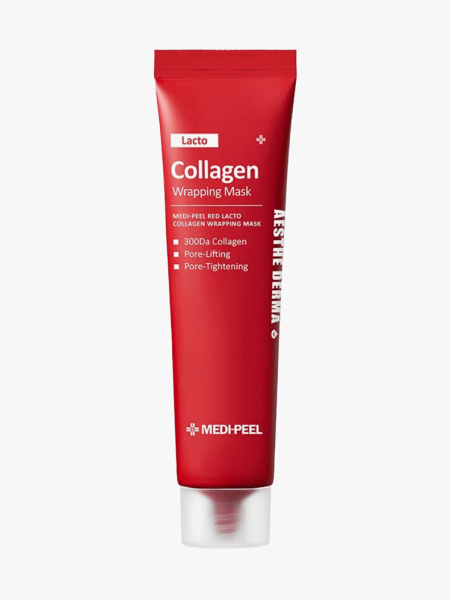 MDP+ Red Lacto Collagen Wrapping Mask in branded component on a light gray background