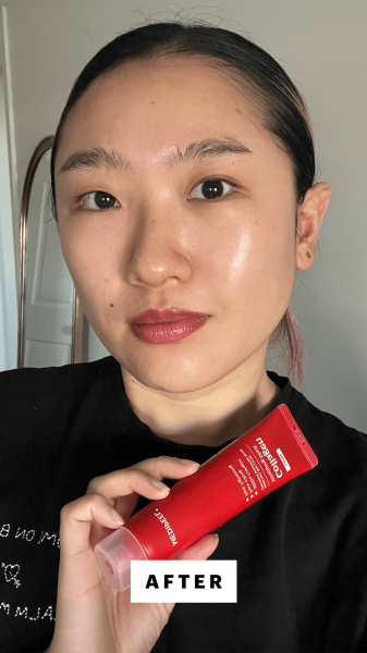 Han after applying the MDP Red Lacto Collagen Wrapping Mask