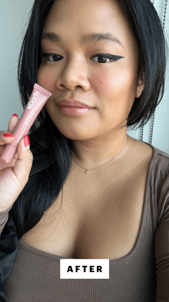 Allure senior editor Jesa Marie Calaor after applying Rhode Peptide Lip Treatment in Toast